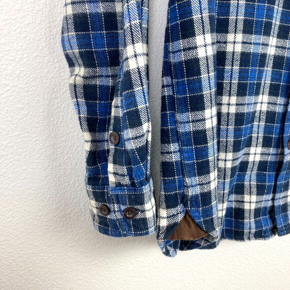 Rainforest Men's Heavyweight Flannel Shirt Size M Blue White Plaid Brown Trim - Picture 2 of 7